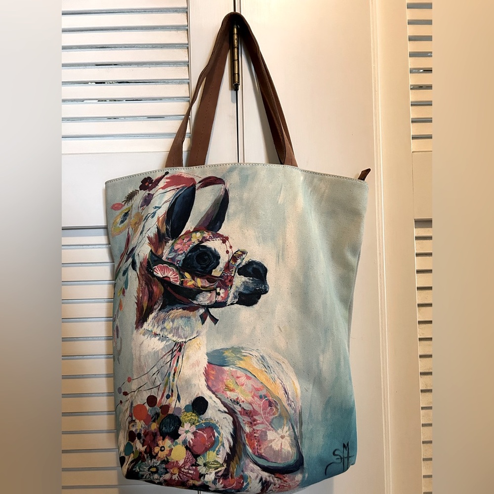 Rare Anthropologie Miss Albright Adorned Llama tote Starla Michelle Halfmann Art - Picture 3 of 11